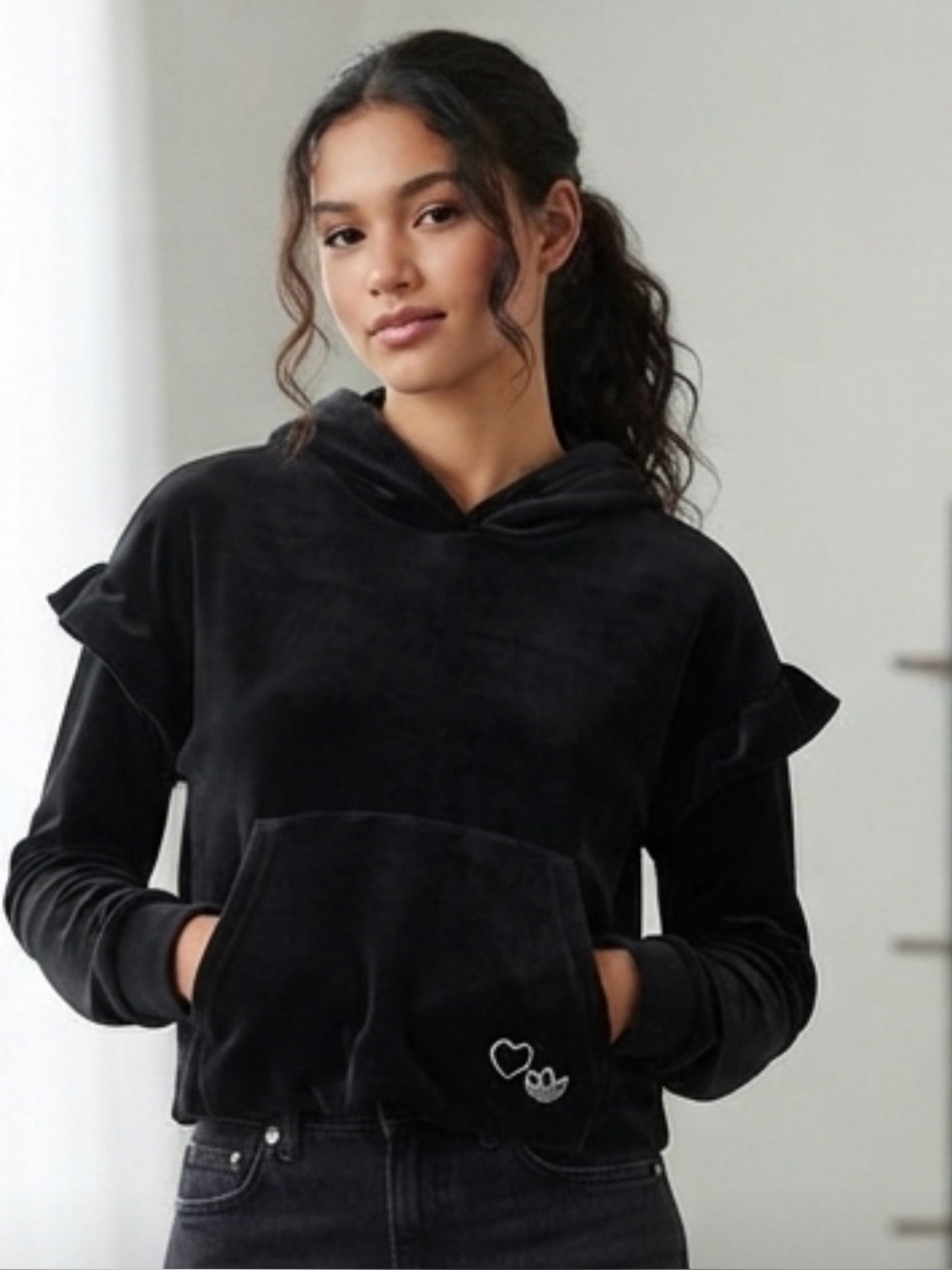 Adidas Black Velvet Hoodie with Ruffle Sleeves